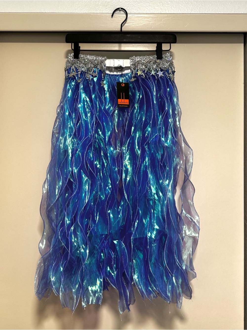 NWT Sublety High-Waist Blue and Teal Iridescent Organza Belt Skirt